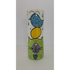 Lotus Ceramic Cat and Bird Whimsical Cylinder Vase 10 Inch Hand Painted